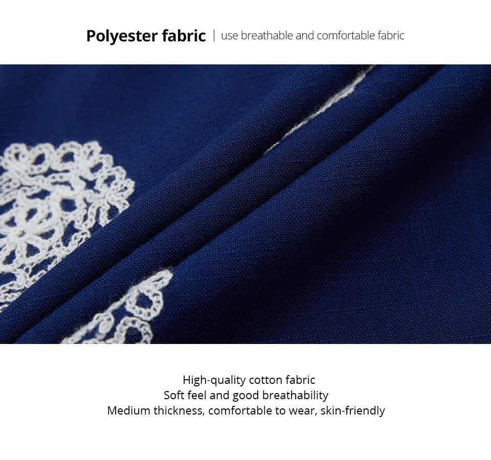 Women's Summer Elegant Cotton Oversize Office Polka Dot Embroidery Design Pocket Long Dress