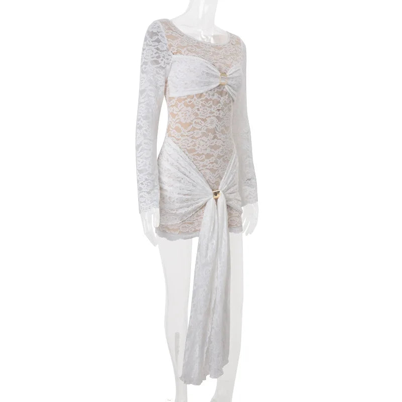 Women's Embellished Lace Hollow Out Mini Dress - Flare Sleeve See Through Wrap