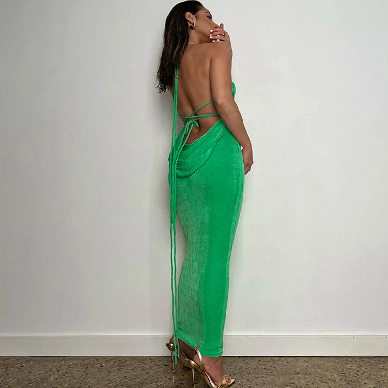 Women's Halter Backless Draped Maxi Dress - Long Straps Shift Dress