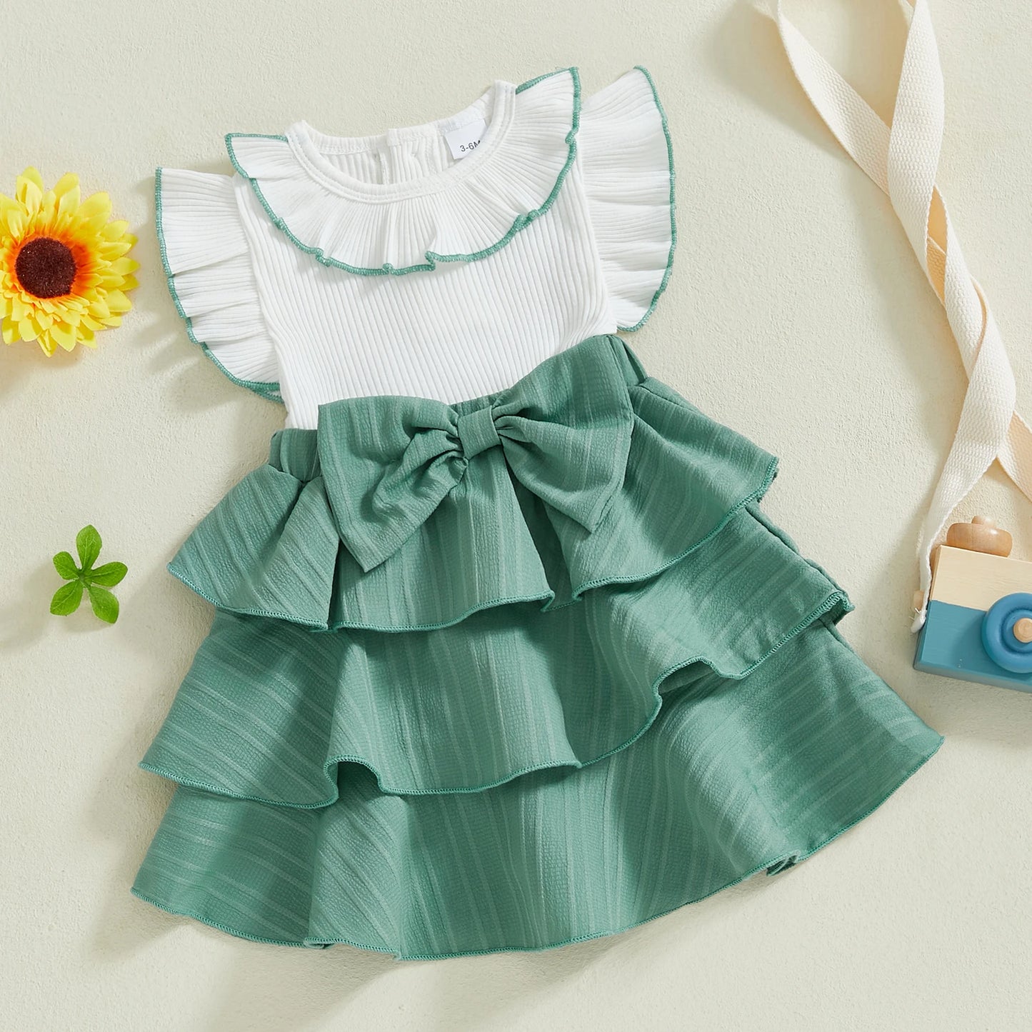 0-4Y Kids Girls Summer Ruffles Fly Sleeve Doll Collar Bow Front Layered Knee Length Dress