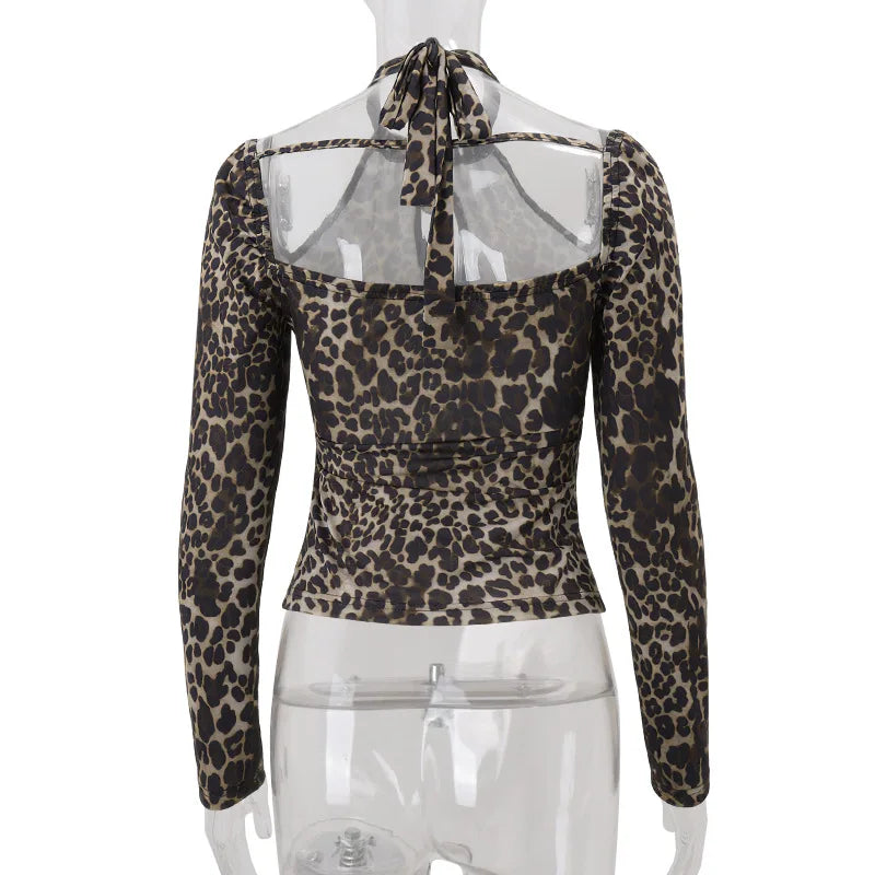 Women's Halter Lace Up Leopard Print Top - Long Sleeve Cut Out Cropped Streetwear