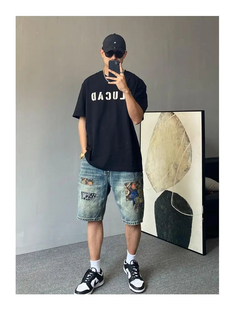 Men's Summer American Casual Embroidery Patch Vintage Denim Shorts
