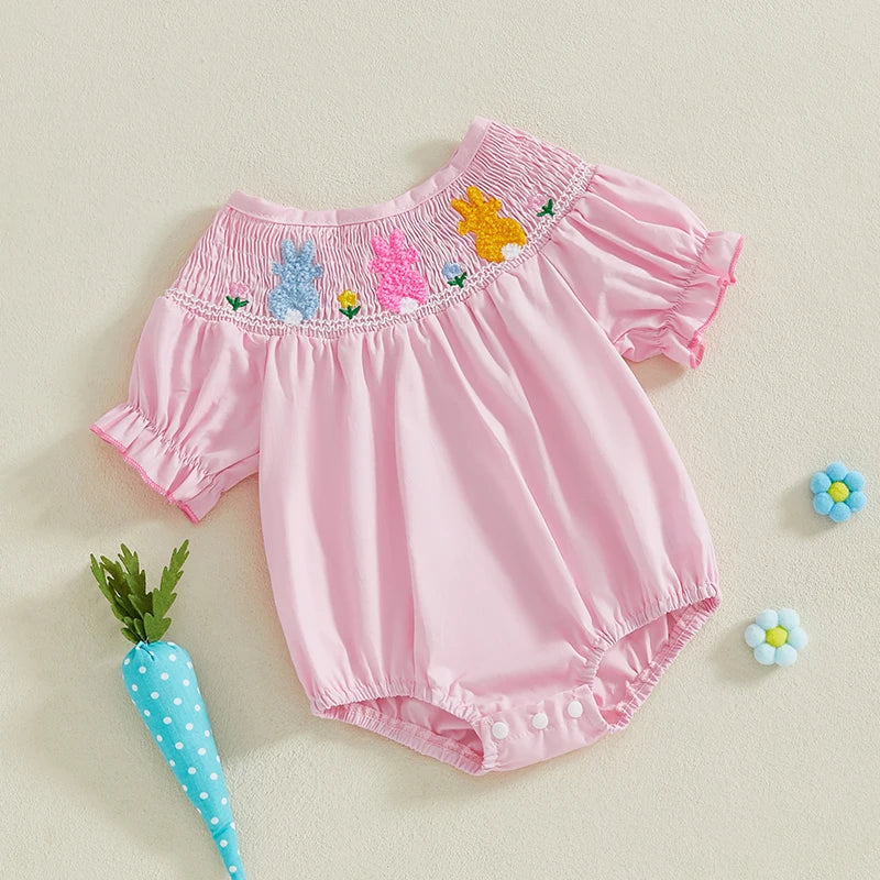 Baby Girls Easter Romper - Ruffled Sleeve Rabbit Embroidery Smocked Jumpsuit