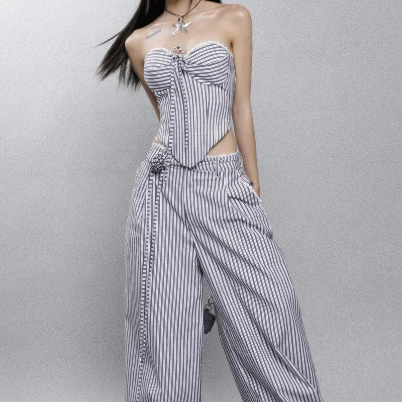 Women's Embellished Fashion Striped Sexy Strapless Top and Pant 2 Piece Sets Women Summer Outfits Coquette Aesthetic