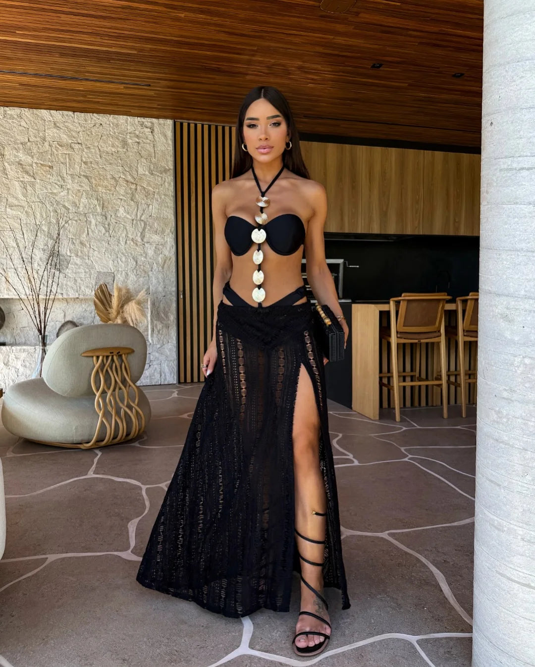 Women's 3-Piece High Leg Bandage Swimwear Set with Slit Skirt - Tie-Neck Halter