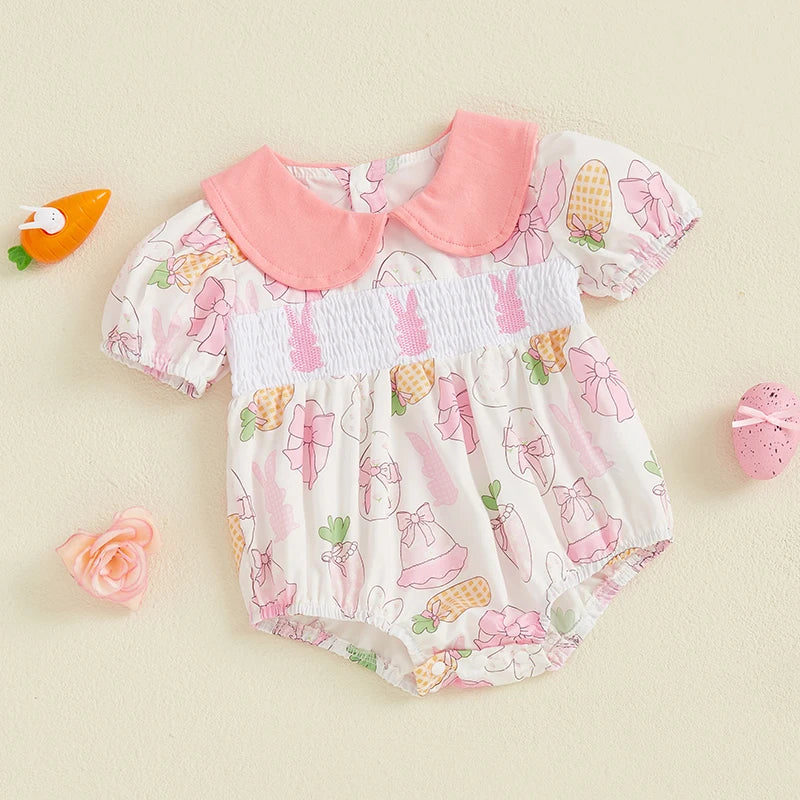 Baby Girls Easter Rabbit Romper - Doll Collar Short Sleeve Bodysuit (0-18M)