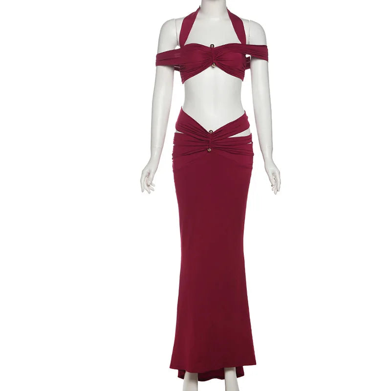Women's Elegant Ruched Cut Out 2 Piece Dress Set - Halter Top & Maxi Skirt