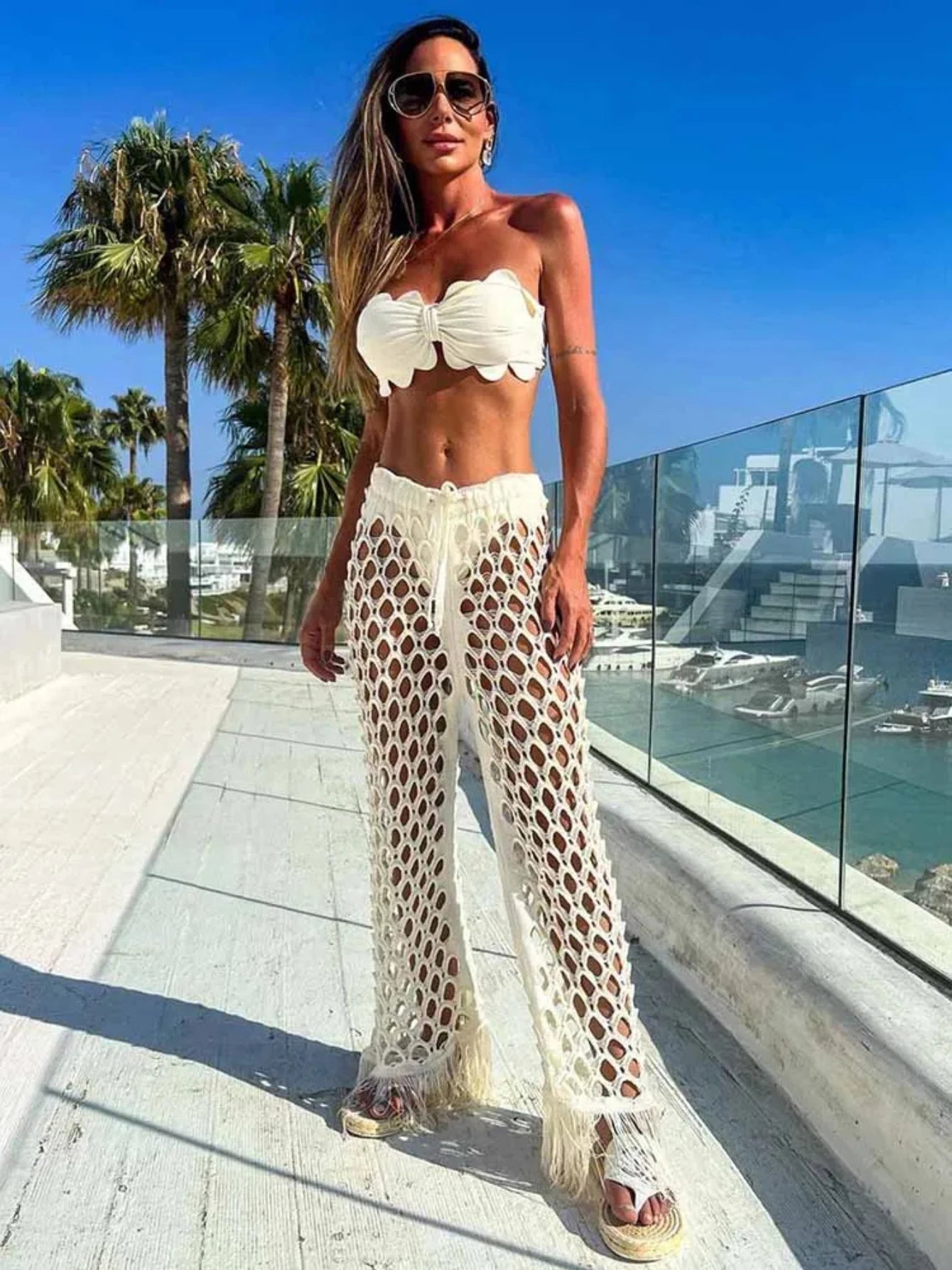 Women's Strapless Tie-Flower Crop Top & High Waist Wide Leg Trousers Set