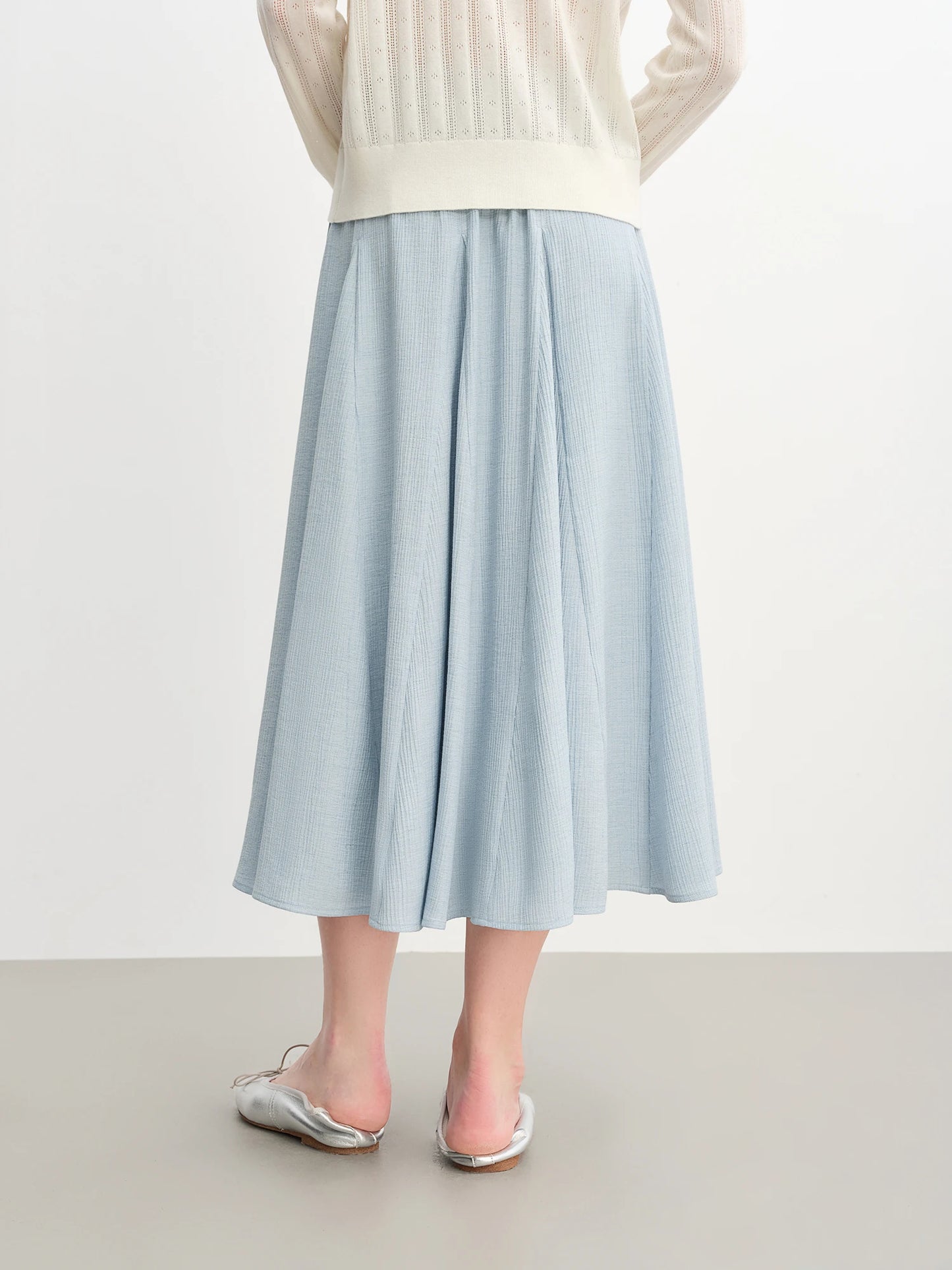 Pleated A-Line Midi Skirt - Textured White Long Skirt