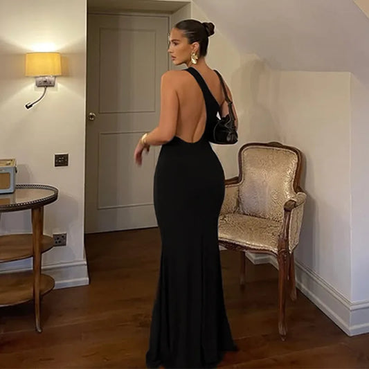 Women's Elegant One Shoulder Black Cut Out Maxi Dress Backless Party Dress Sleeveless Outfit