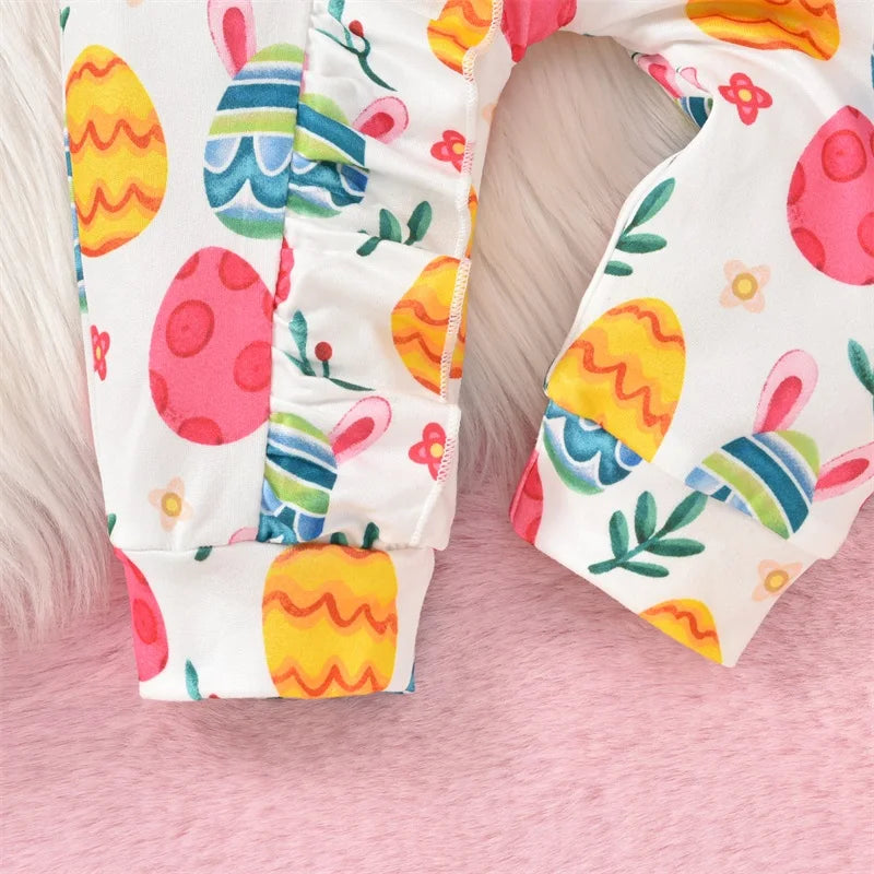 Newborn Baby Easter Jumpsuit - Long Sleeve Rabbit Egg Print Romper with Headband