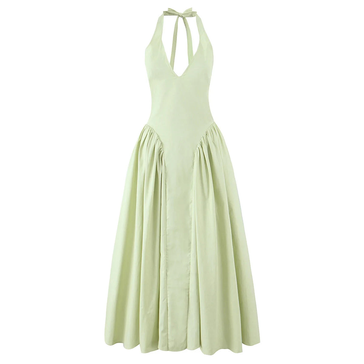 Backless Green Halter Dress - Elegant Low Waist A-Line Midi Dress