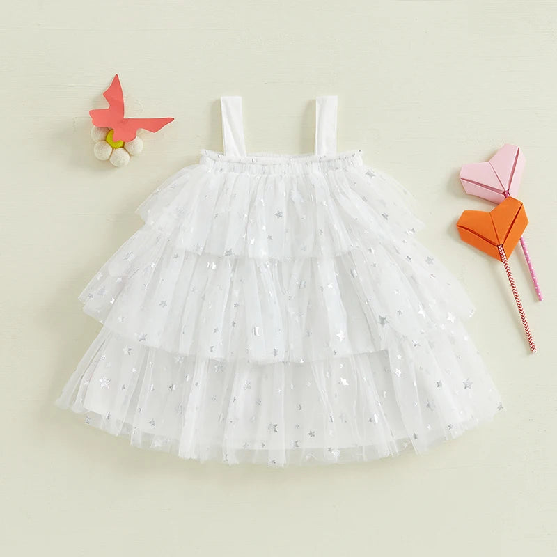 Girl's Festive Dress - Star Lace Layered Tulle Sundress with Plush Ball