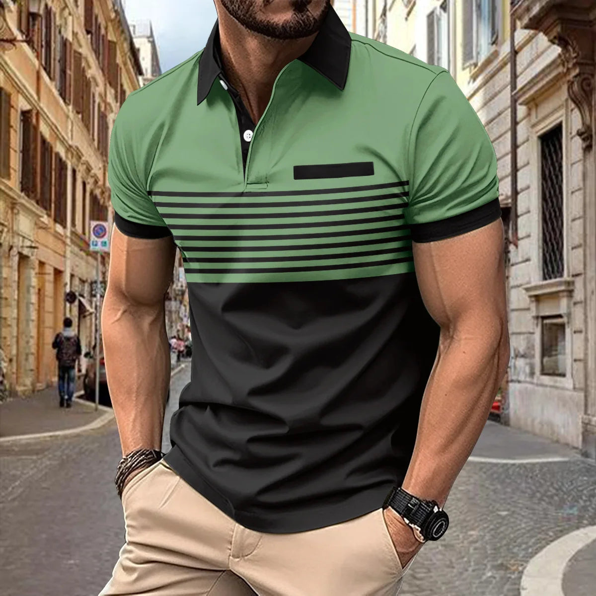 Men's Summer Polo Patchwork Short Sleeve Smart Casual Striped Turn Down Collar Shirt