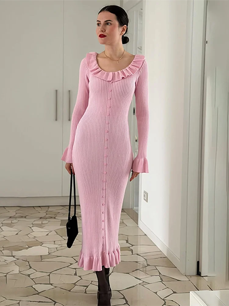 Women's Ruffled Knit Long  Lapel Slim High Waist Single Breasted Sweater Maxi Dress