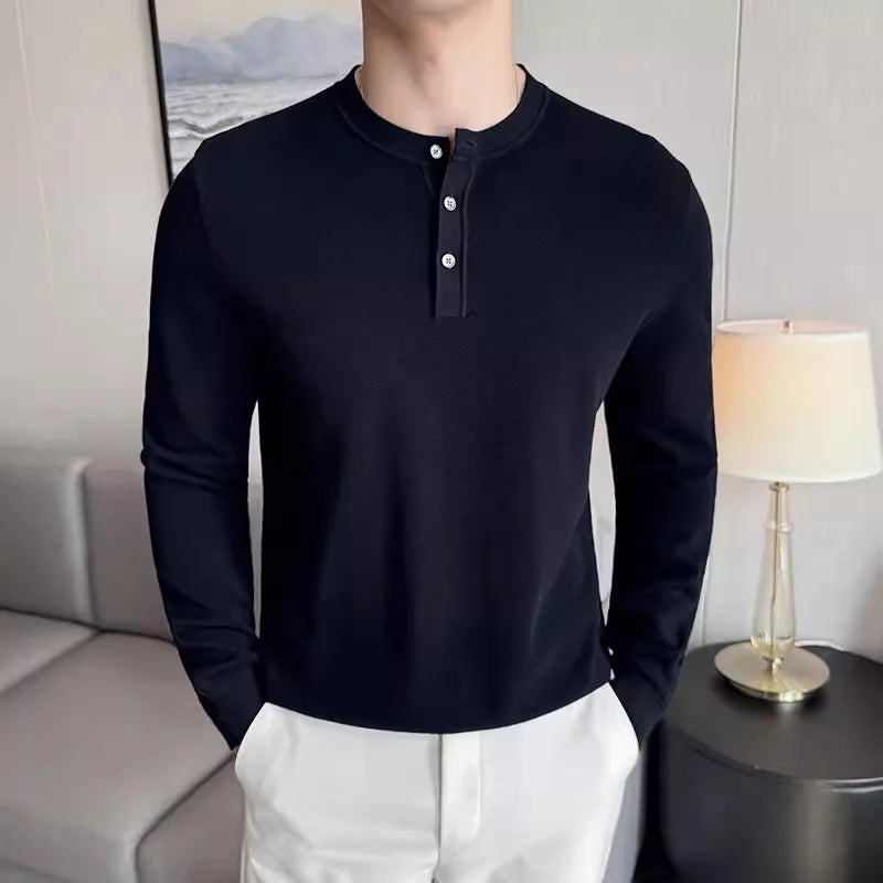 Men's Autumn Winter Henry Collar Slim Fit Knit Pullover Cotton Long Sleeve Knitted Sweater