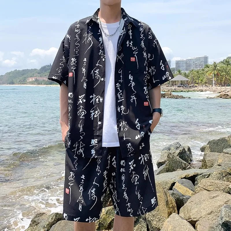 Men's Summer Print Chinese Style Short Sleeve Sports Casual  Shirt and Shorts