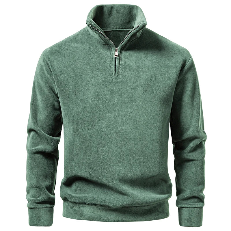 Men's Half Zipper Fleece Stand Collar Hoodie Solid Color Warm Loose Pullover