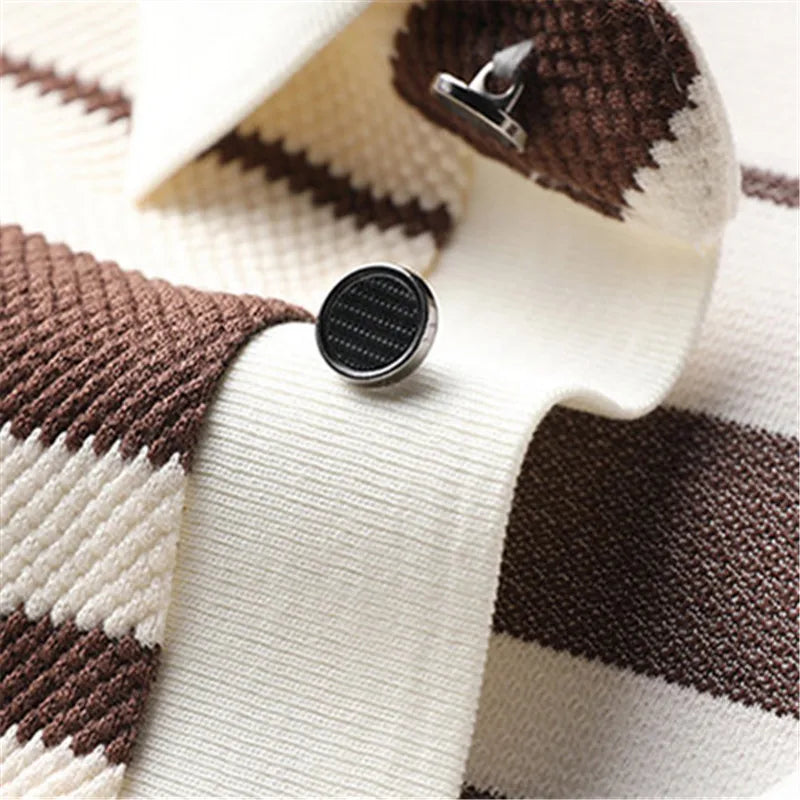 Turn Down Collar Striped T-Shirt - Smart Casual Breathable Tee