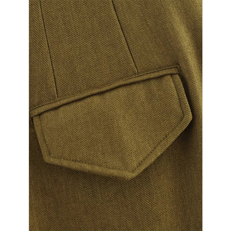Olive Green Pleated Pants - Mid-Rise Waist Pocket Loose Casual Trousers