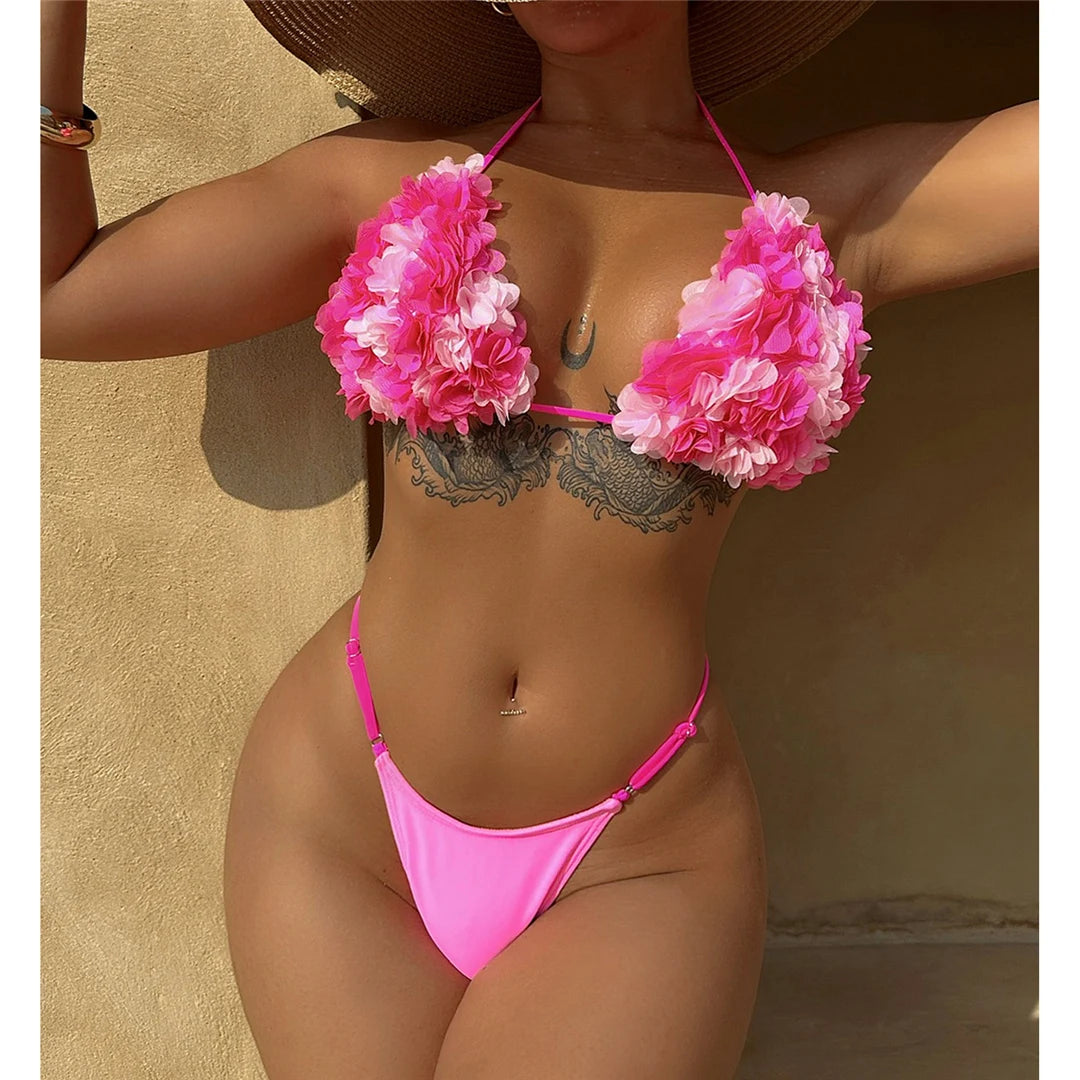 Women's 3D Flowers Halter High Leg Cut Bikini Swimwear Swimsuit Two-pieces Bikini Set