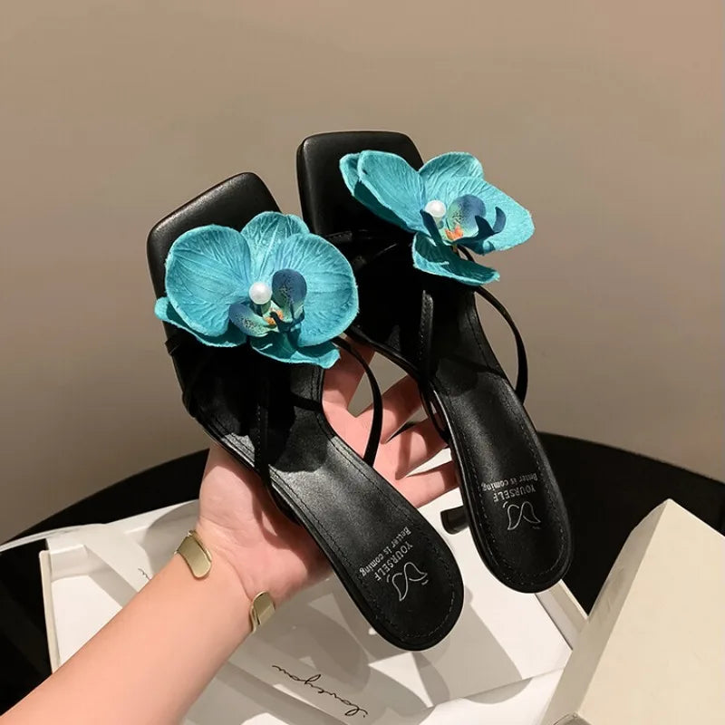 Women's 3D Flower Beach Slippers - Square Toe Heel Sandals
