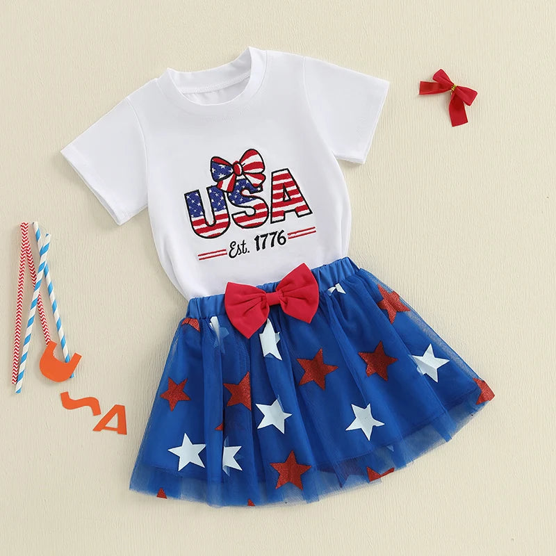 0-4Y Summer Kids Girls USA Clothes Set Short Sleeve Letter Bow Embroidery T Shirts Star Tulle Skirt