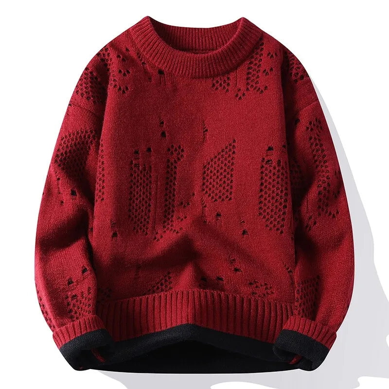Men's Distressed Knit Sweater - O-Neck Casual Pullover
