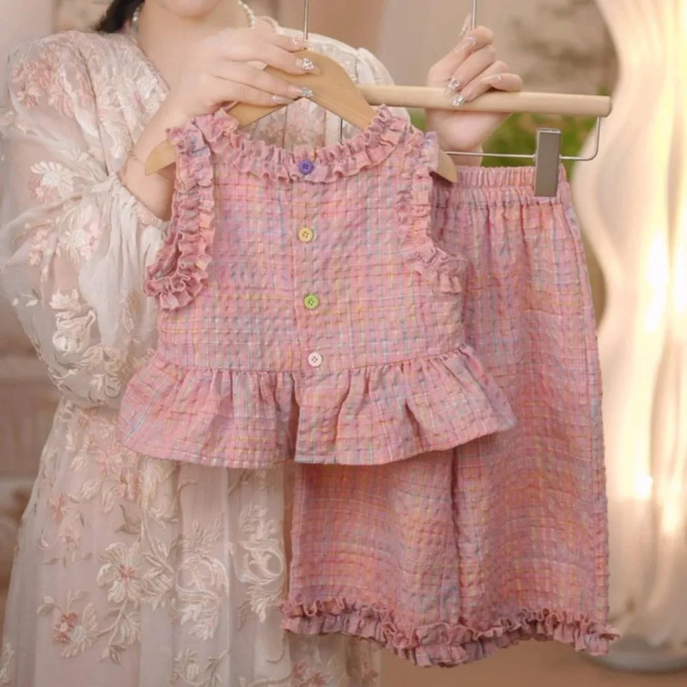 Girls' Pink Summer Outfit Set - Lace Plaid Tank Top with Wide Leg Pants