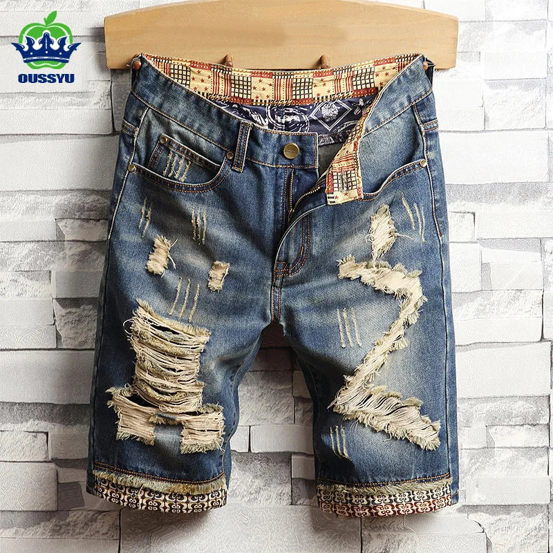 Men's Hole Ripped Denim Shorts