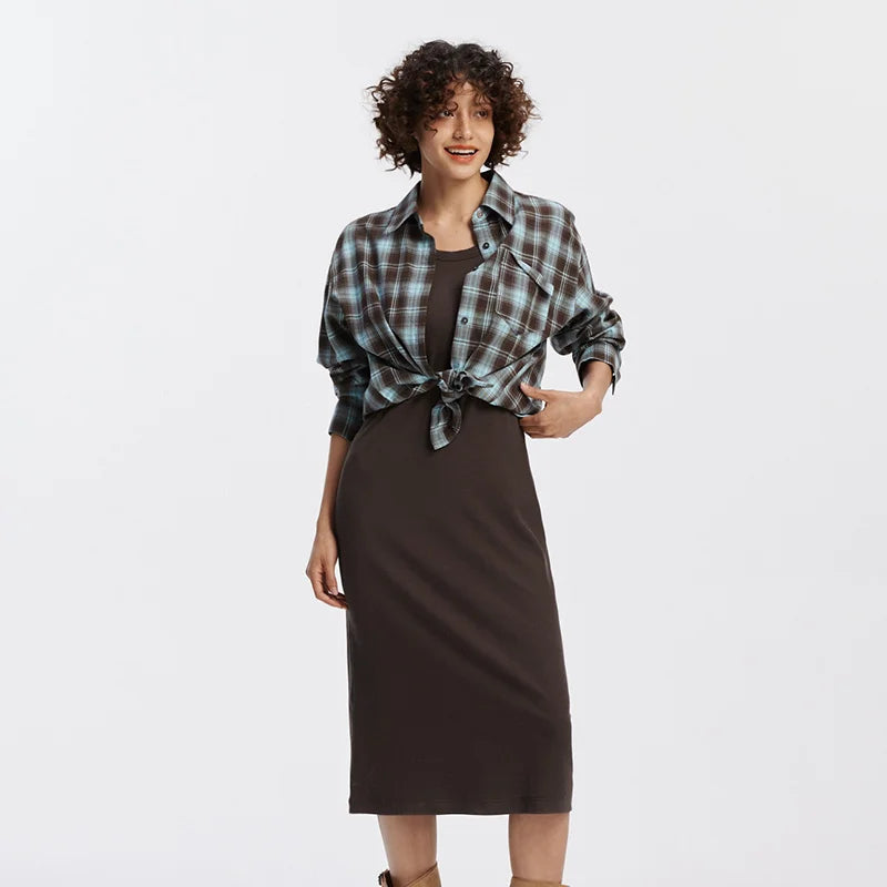 U-Neck Vest Dress & Checkered Shirt Set - Vintage Two Piece Autumn Outfit