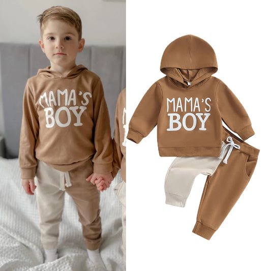 0-3Y Autumn Casual Kids Boys Clothes Set 2pcs Letter Print Hooded Pocket Top Colour Patchwork Long Pants