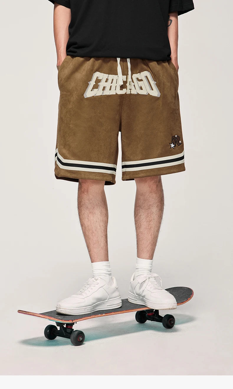 Men's Brown Basketball Elastic Waist Faux Suede Sports Shorts