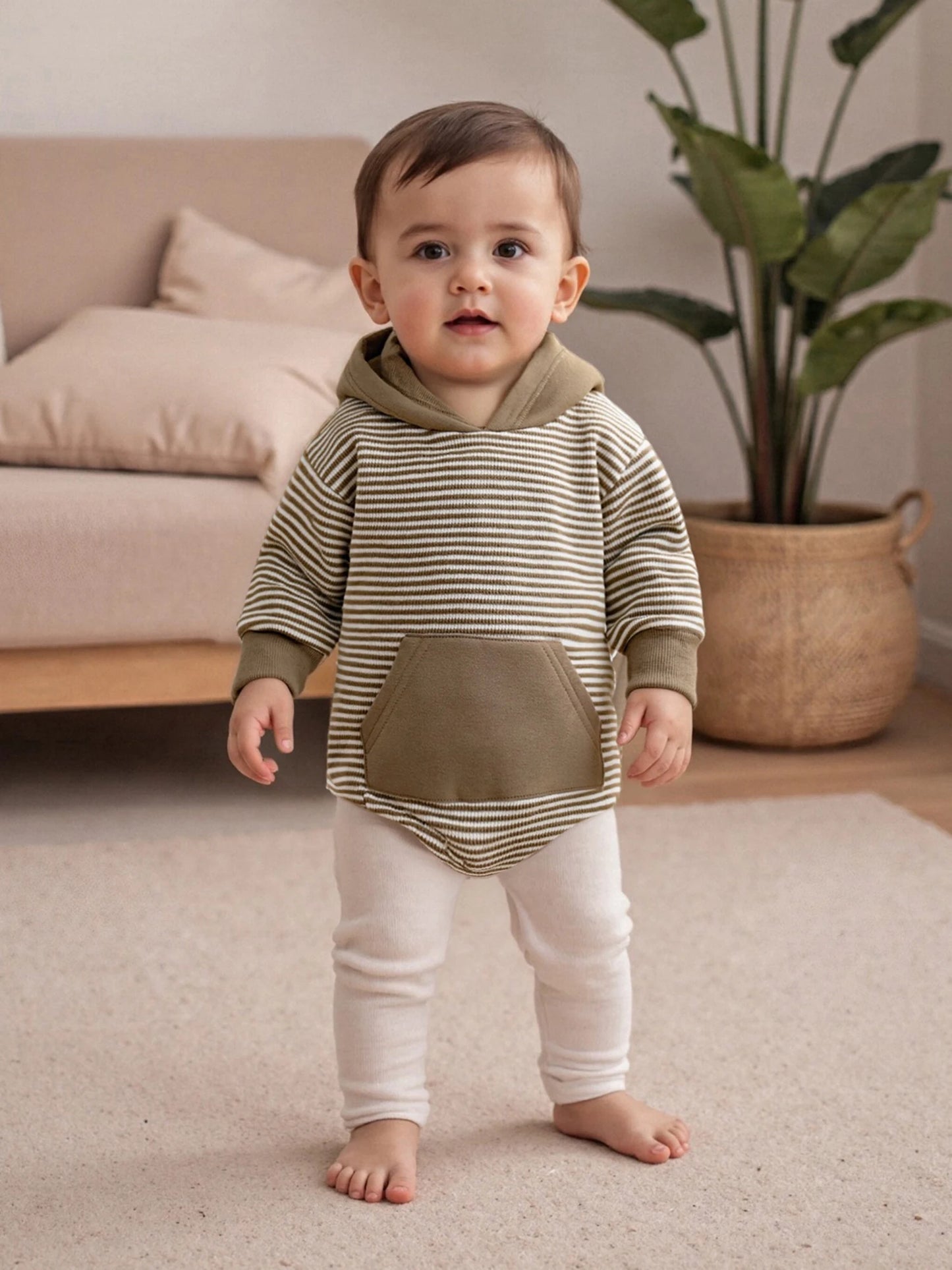 Newborn Baby Boys Fall Romper - Long Sleeve Hooded Stripe Bodysuit with Front Pocket (0-18M)