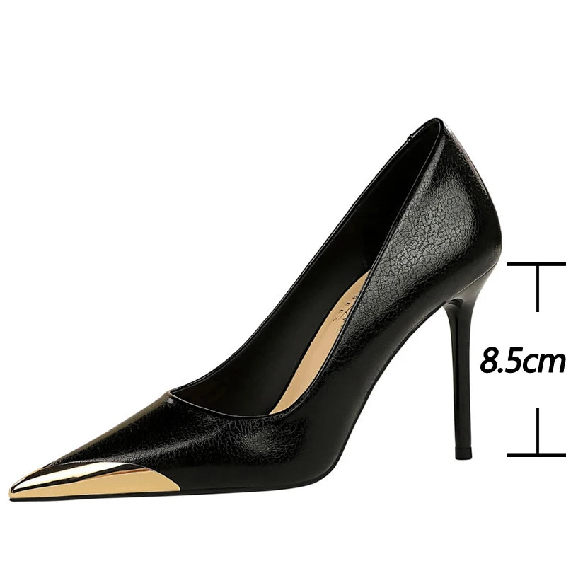 Women's Metal Pointed Tip  High Heels  Stilettos PU Leather Shoes