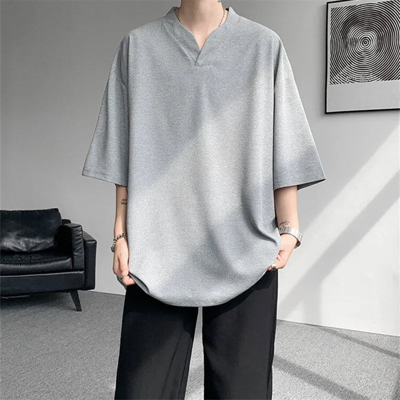Men's Summer Three Quarter Collar  V-Neck Loose  T-shirt