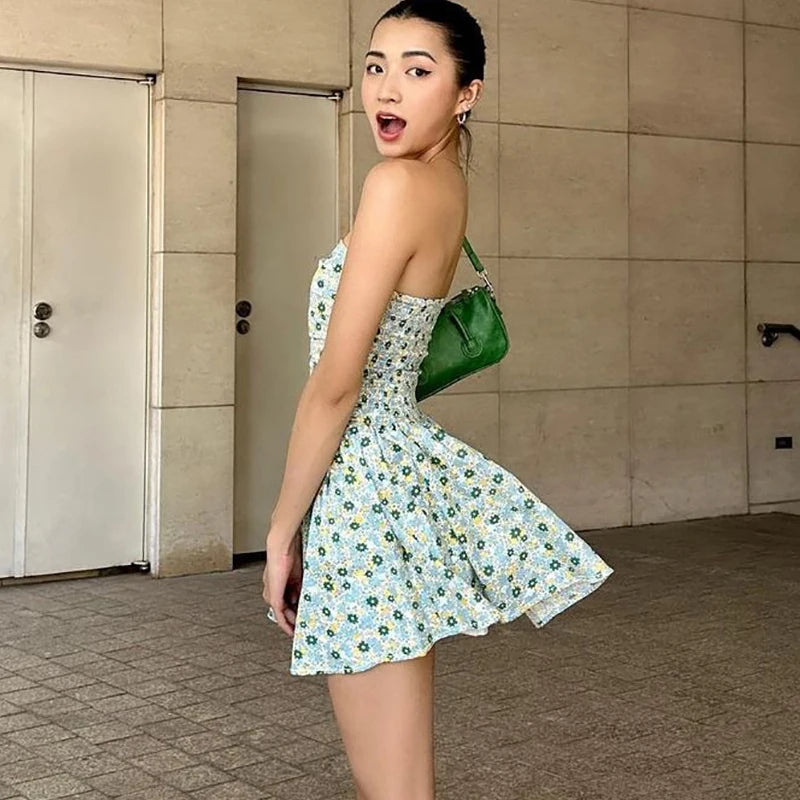 Women's One-Shoulder Slim Strapless Print Dress - High Waisted Sleeveless Backless Ruched Dress