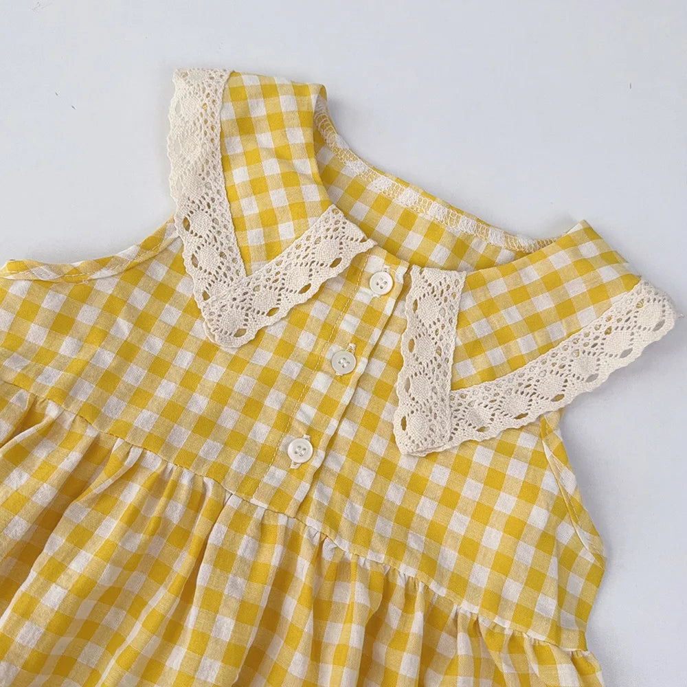 Girl's Lace Lapel Princess Sleeveless Plaid Print Dress