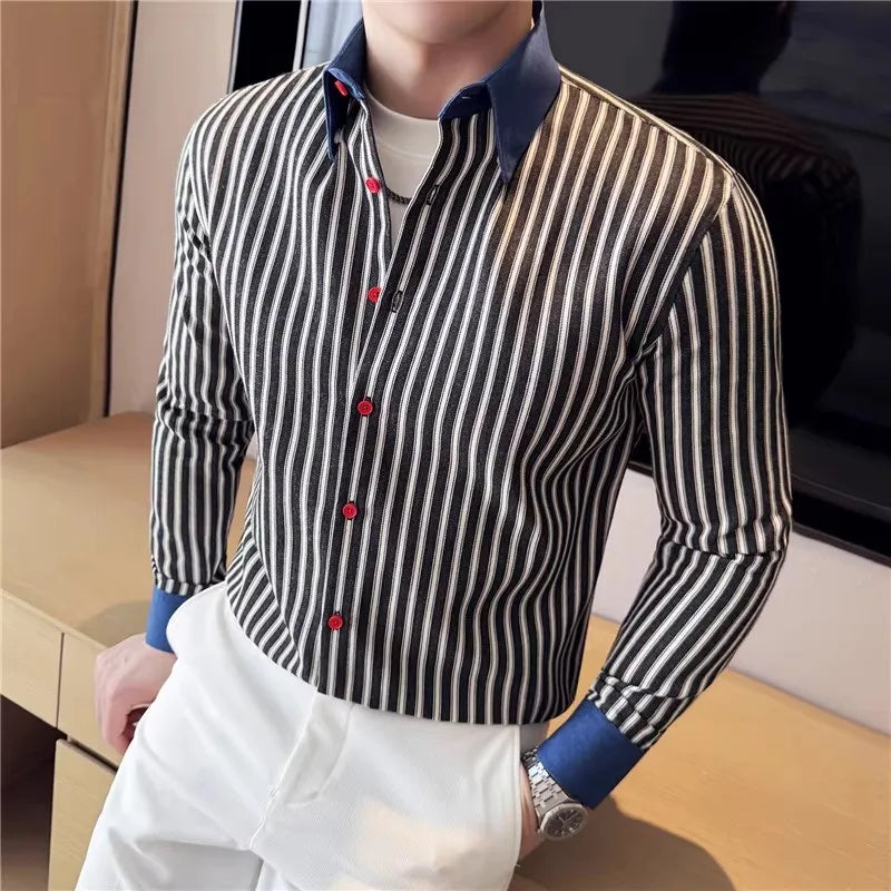 Men's Long Sleeve Striped Cotton Shirt - Smart Casual Square Collar