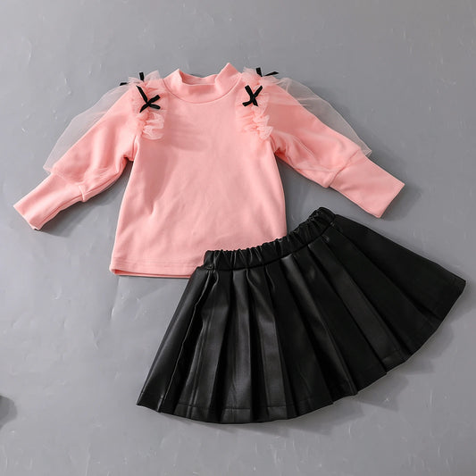 Toddler Kids Girls Fall Clothes Set - Mesh Bow Mock Neck Long Sleeve Top & Pleated Skirt