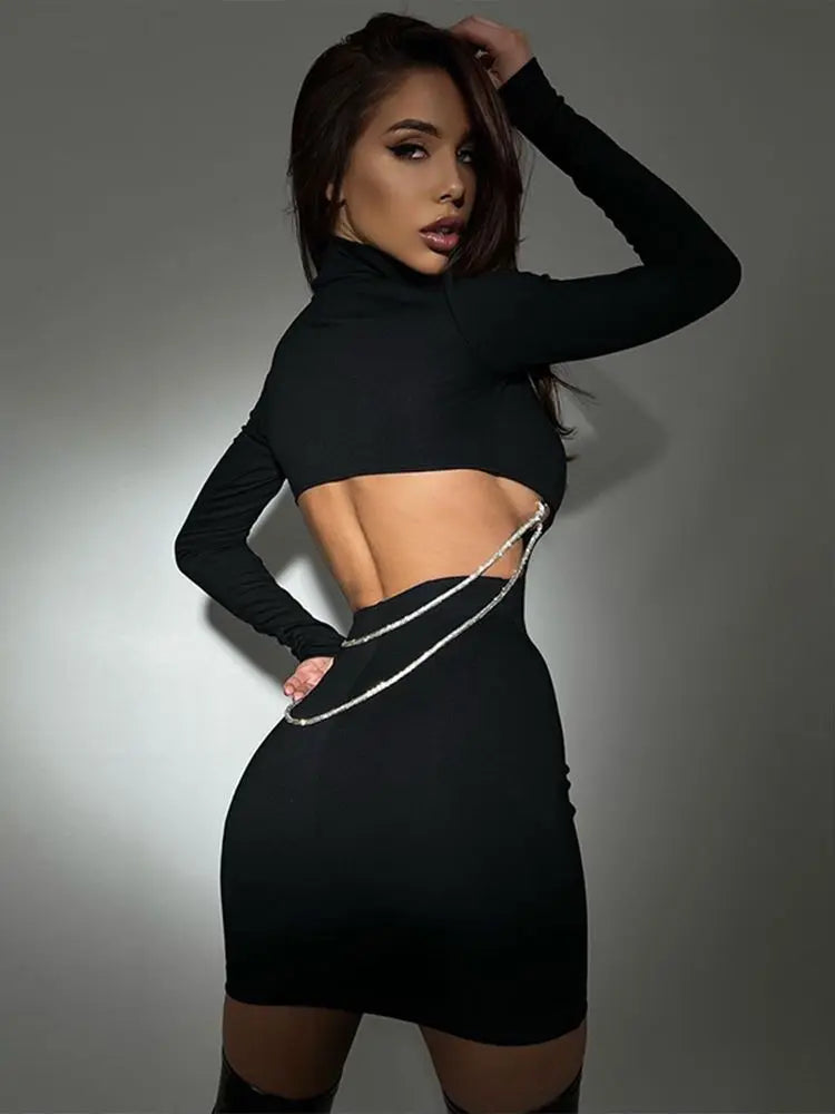 Women's Chain Backless Cut Out Bodycon Dress - Elegant Long Sleeve Mini Dress