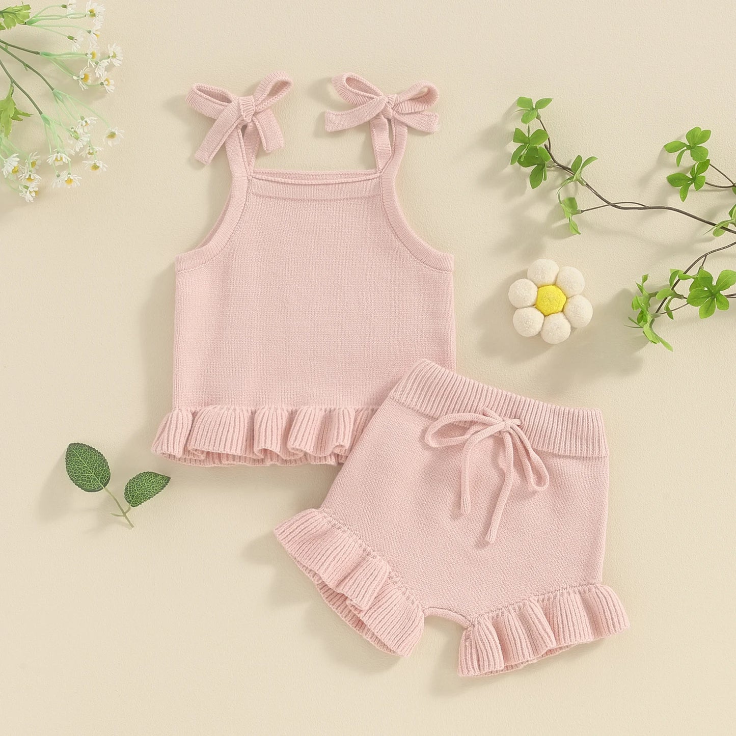 0-18M Infant Baby Girls Knit Clothes Sets - Solid Sleeveless Cami Tops with Elastic Waist Shorts 2Pcs Set