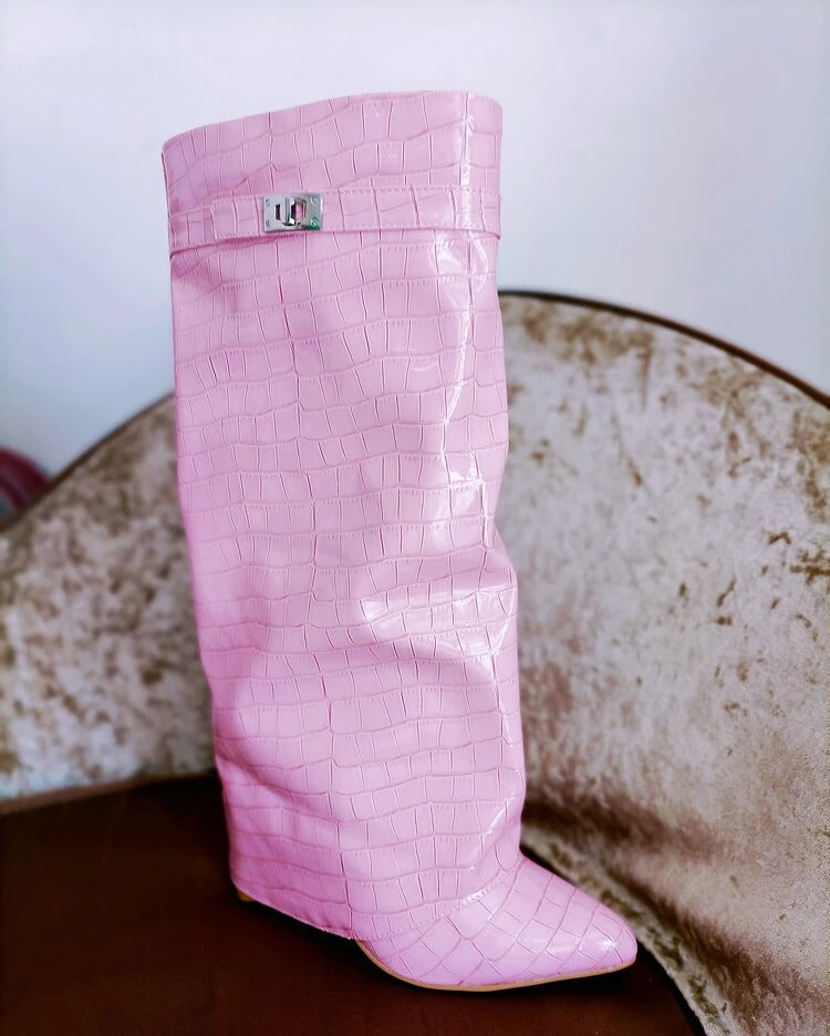 Women's Wedge Leather Mid-Calf Boots - 10cm Heel Metal Buckle Boots