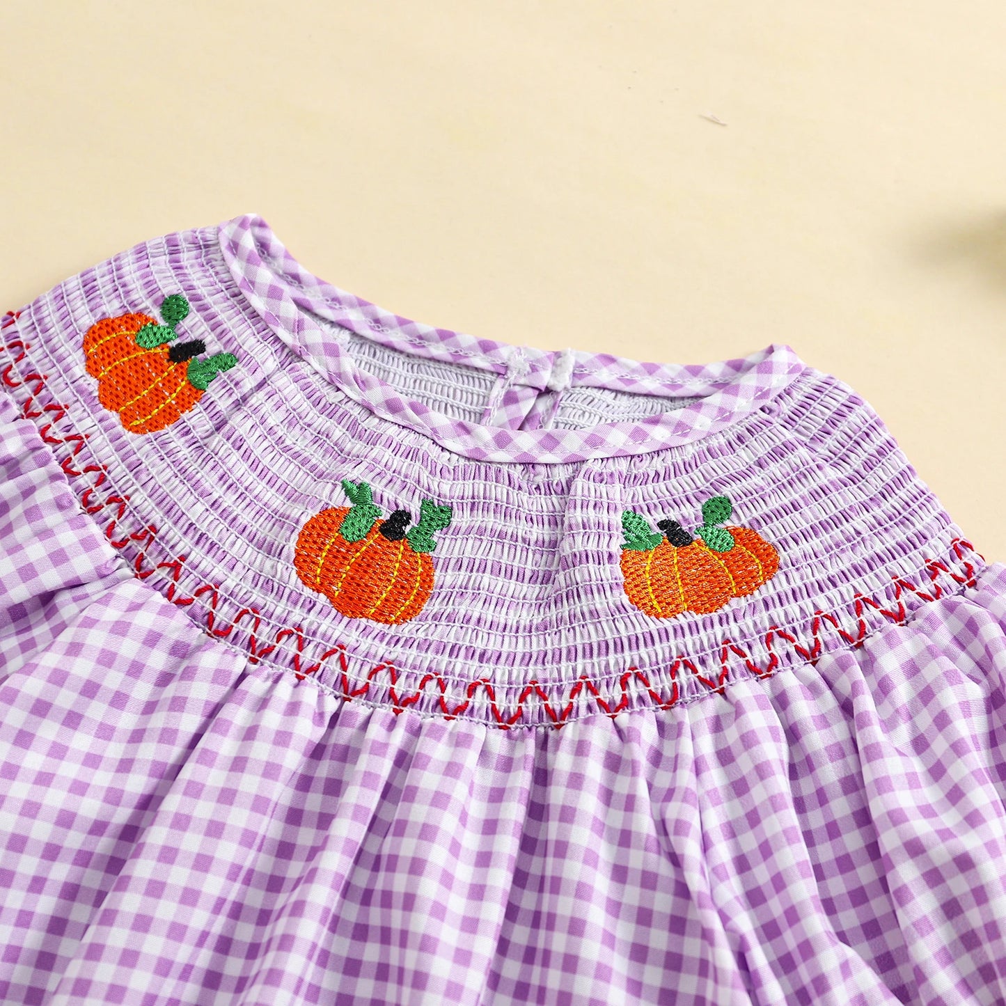 0-3Y Baby Girls Boys Romper Pumpkin Embroidered Plaid Print Short Sleeve Ruffled Jumpsuits