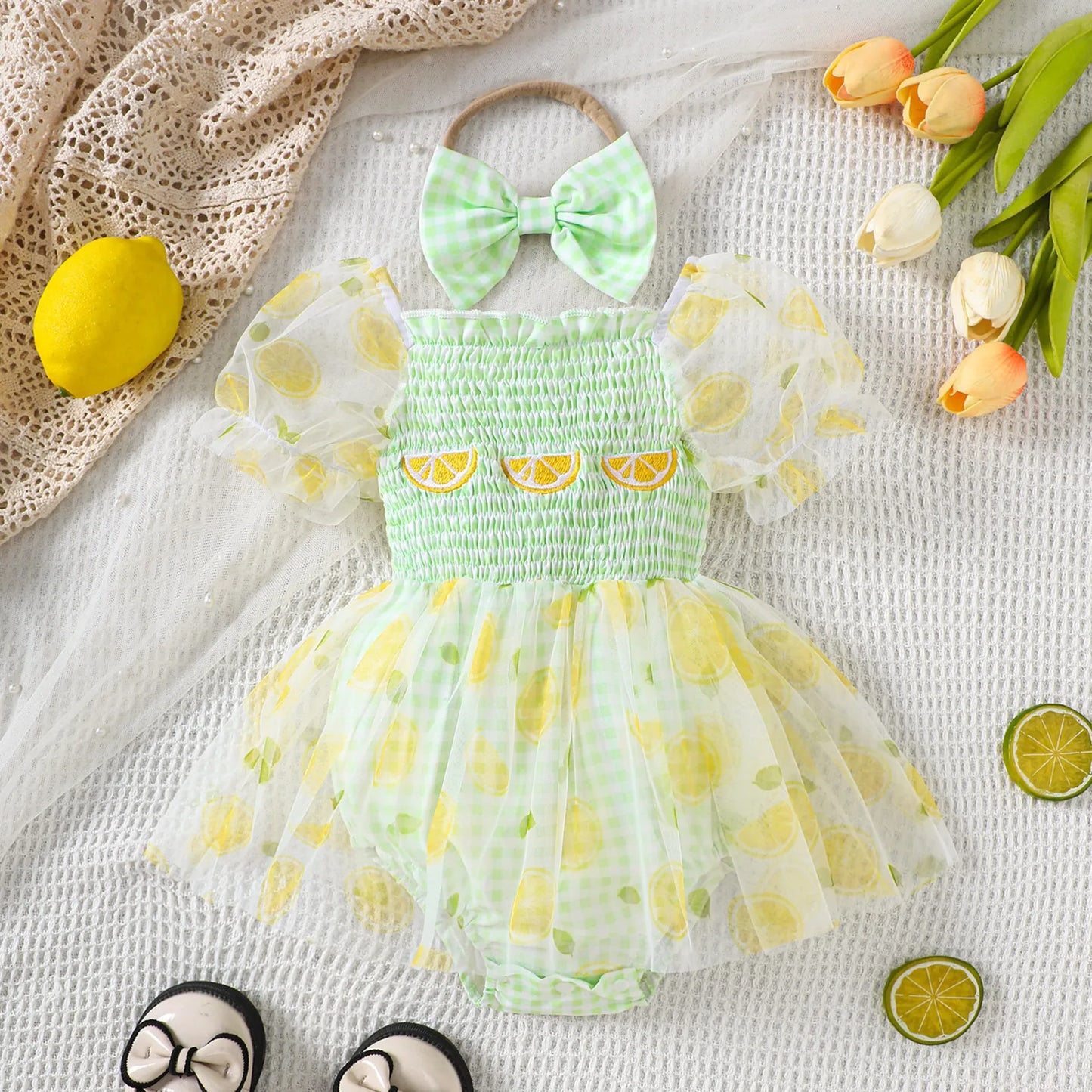 Fruit Embroidered Romper Dress with Headband - Baby Girls (0-18M)