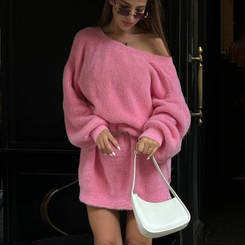 Women's Faux Mink Pullover Sweater- V-neck Reversible Autumn Winter Lanter Sleeve Loose Midi  Knitted Sweater