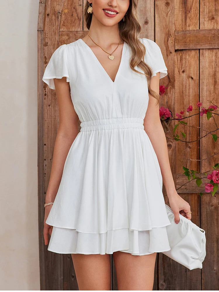 Women's Summer V-Neck Mini Dress - Crinkle Ruffled A-Line Sundress