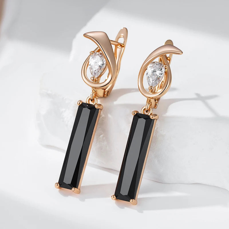 Simple Long Square Black Natural Zircon Drop Earrings For Women 585 Rose Gold Colour