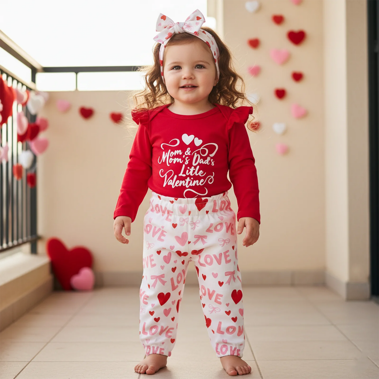 Baby Girls Valentine's Day 3-Piece Outfit Set - Ruffle Romper, Pants & Headband