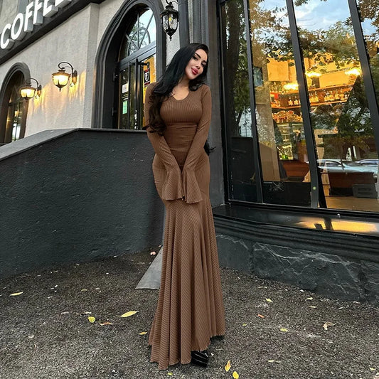 Women's Bandage Long Sleeve Casual Outfits Elegant Frill Ribbed Maxi Dress